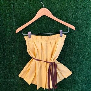 (VS) MODA International Strapless Pleated Yellow Top with Brown Ribbon Tie Waist